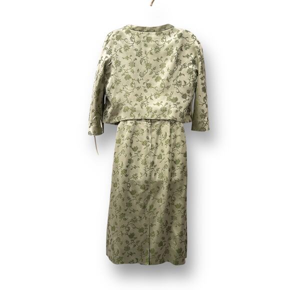 Vintage 1950s Leslie Fay Green Chinese Silk Brocade Dress Jacket Set 2pc Floral - Picture 3 of 16